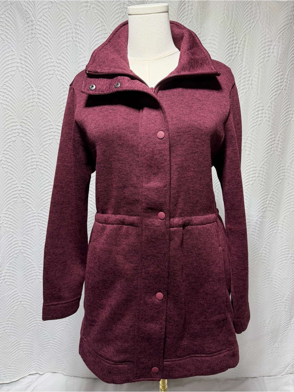 Lands’ End Women’s Fleece Maroon Zip Up w/ Snap-Front Coat Jacket (Size LP)